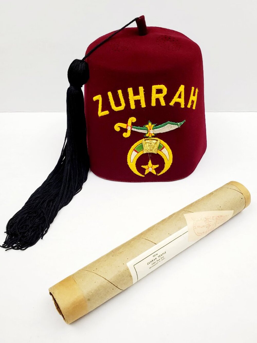 1950's Vintage ZUHRAH Shriners Fez Hat & Member Certificate Freemason Masonic